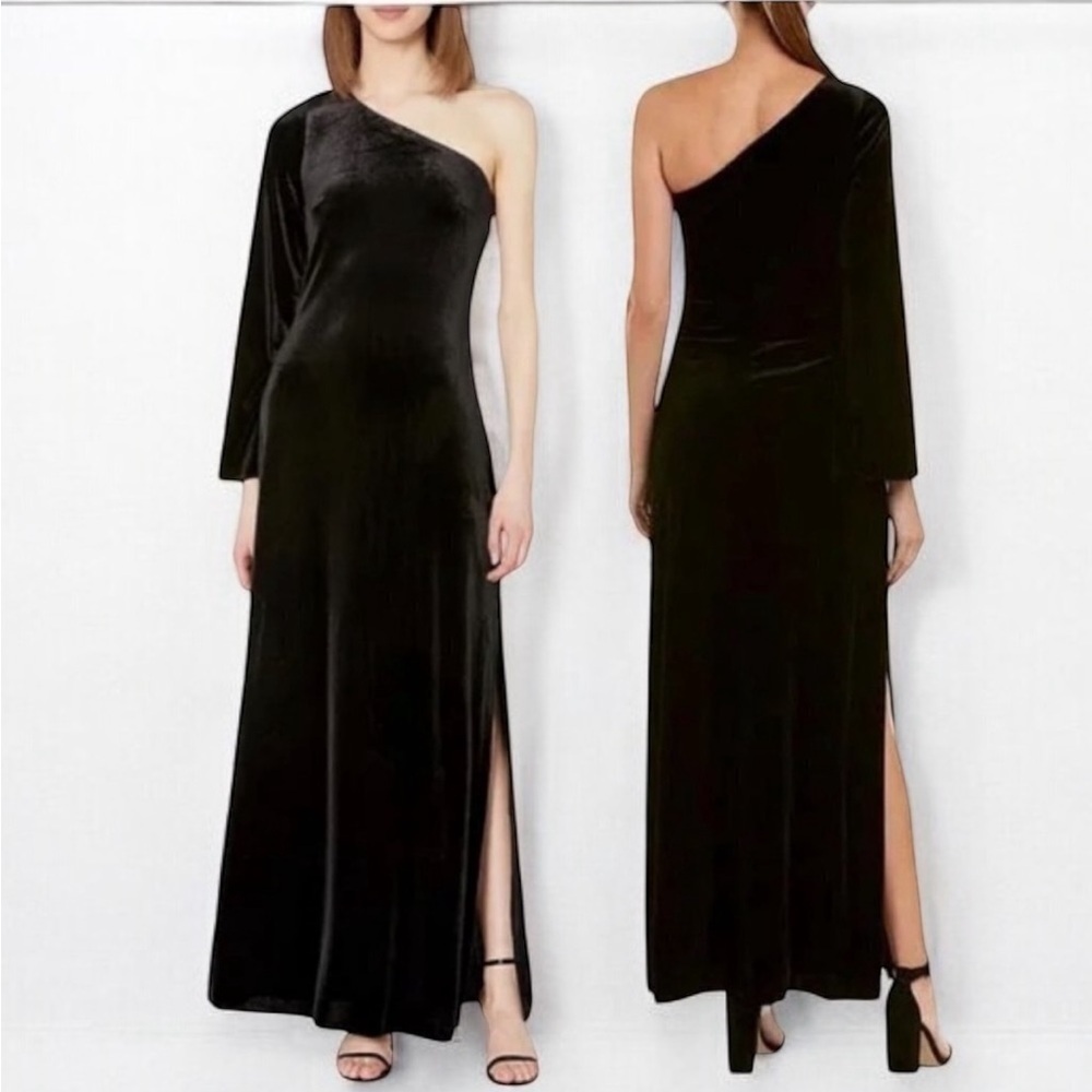 🌻NEW w.tag French Connection Black Velvet One Shoulder Maxi Dress Size 4